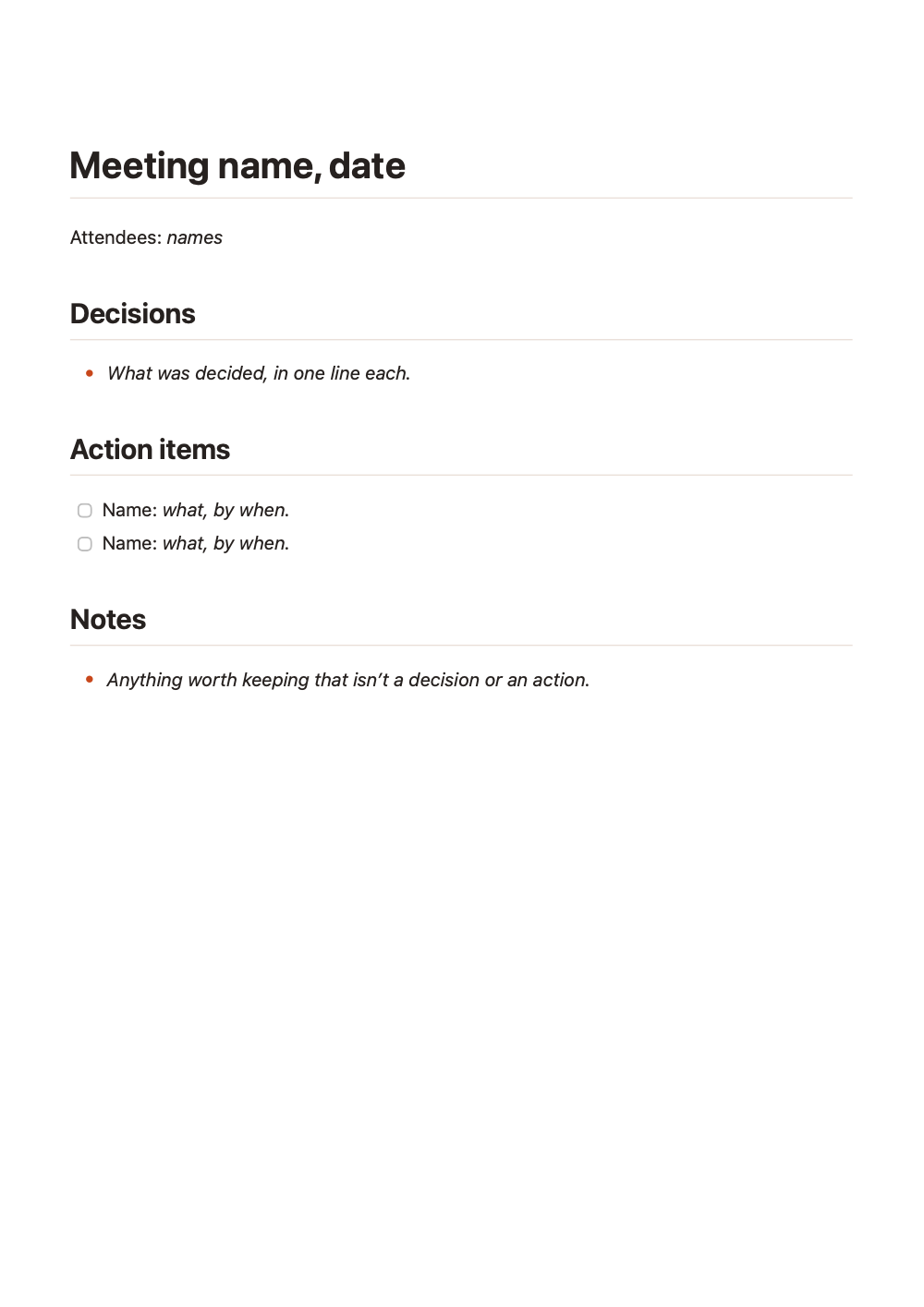 The first page of meeting-notes.md, exported as a PDF with marsdawn export.